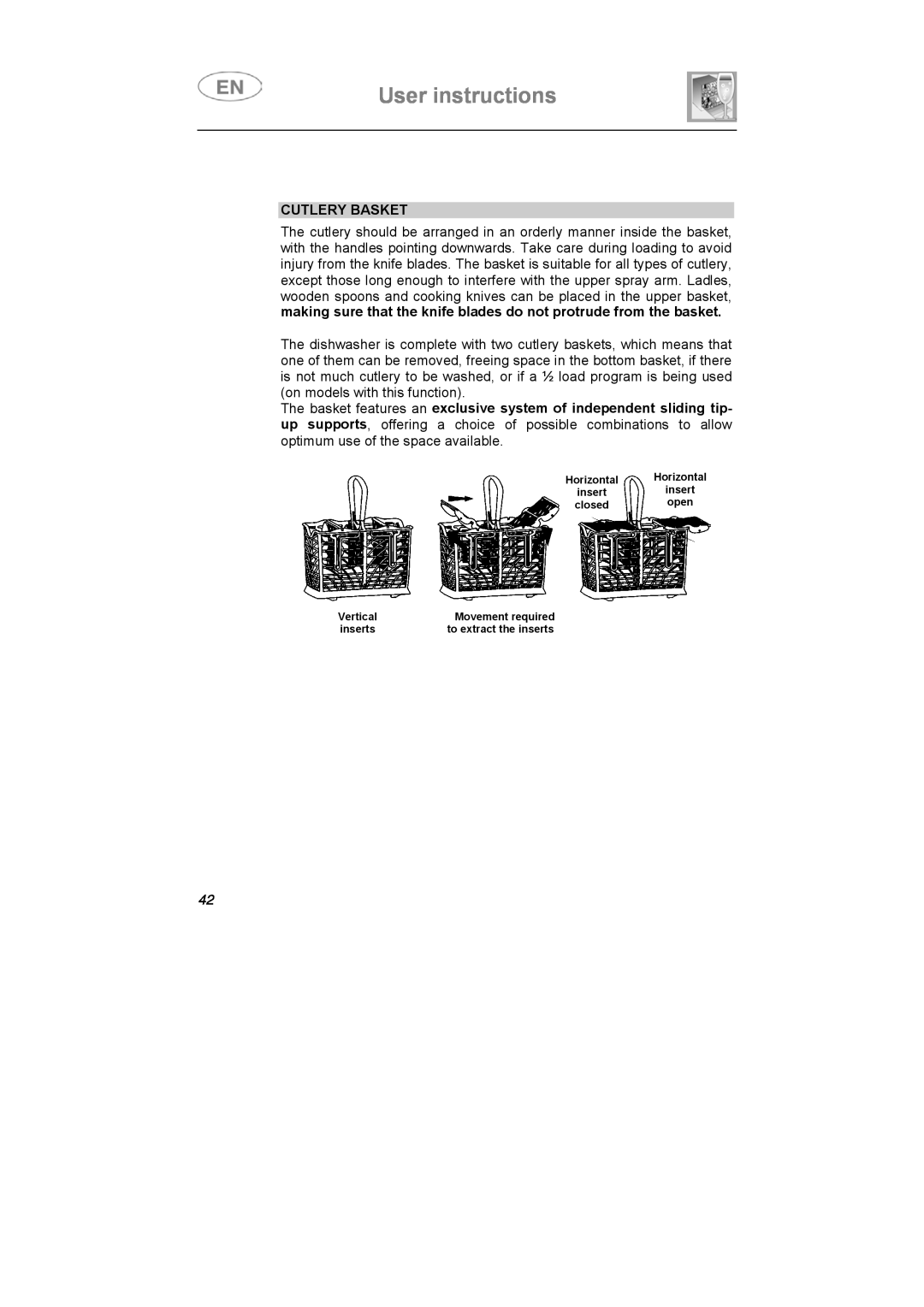 Smeg LSA6047X instruction manual Cutlery Basket, User instructions 