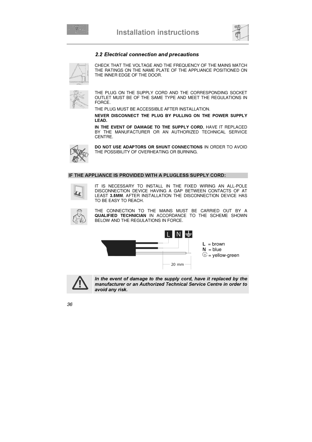 Smeg LSA6051B Electrical connection and precautions, If the Appliance is Provided with a Plugless Supply Cord 