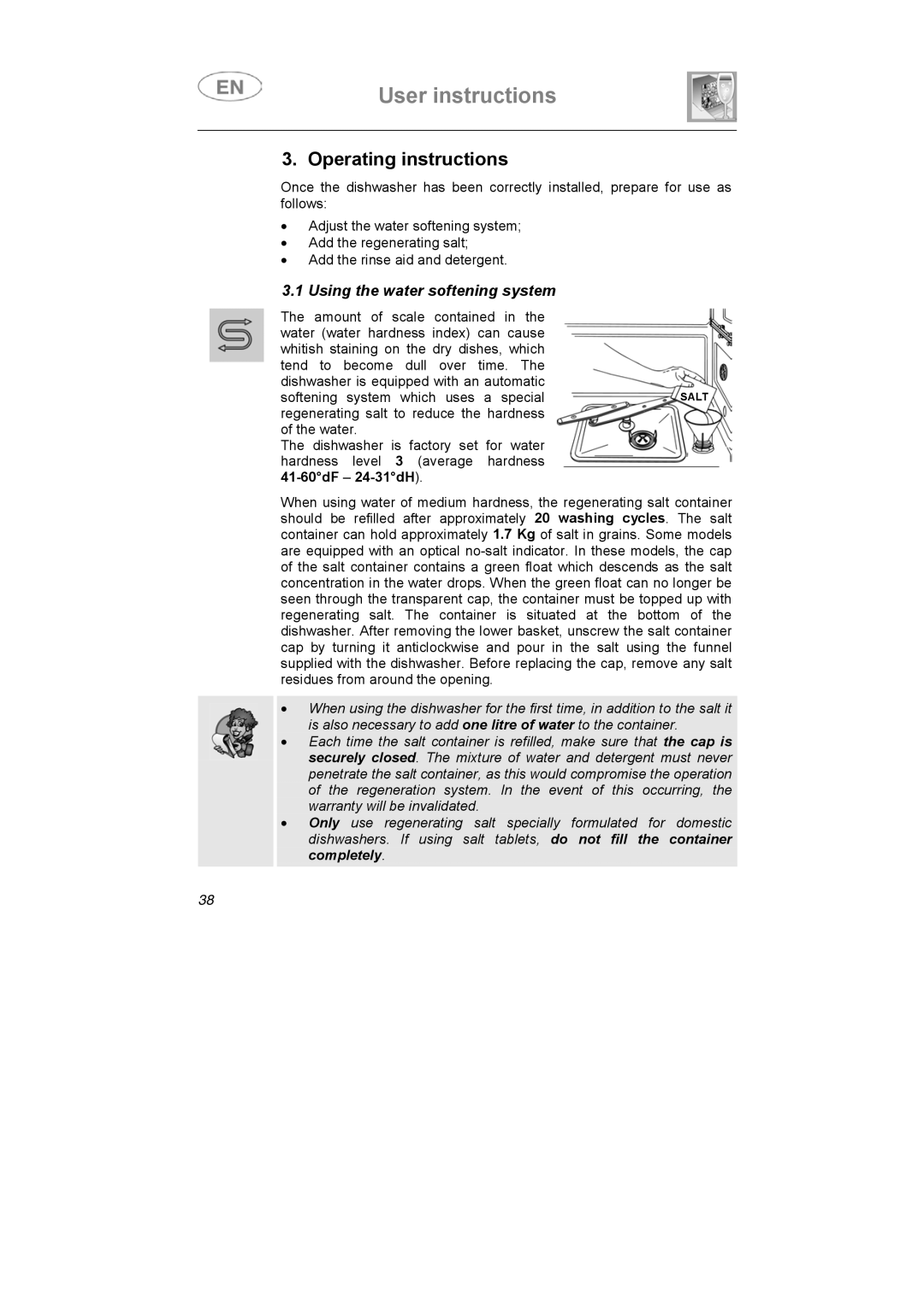 Smeg LSA6051B instruction manual Operating instructions, Using the water softening system 