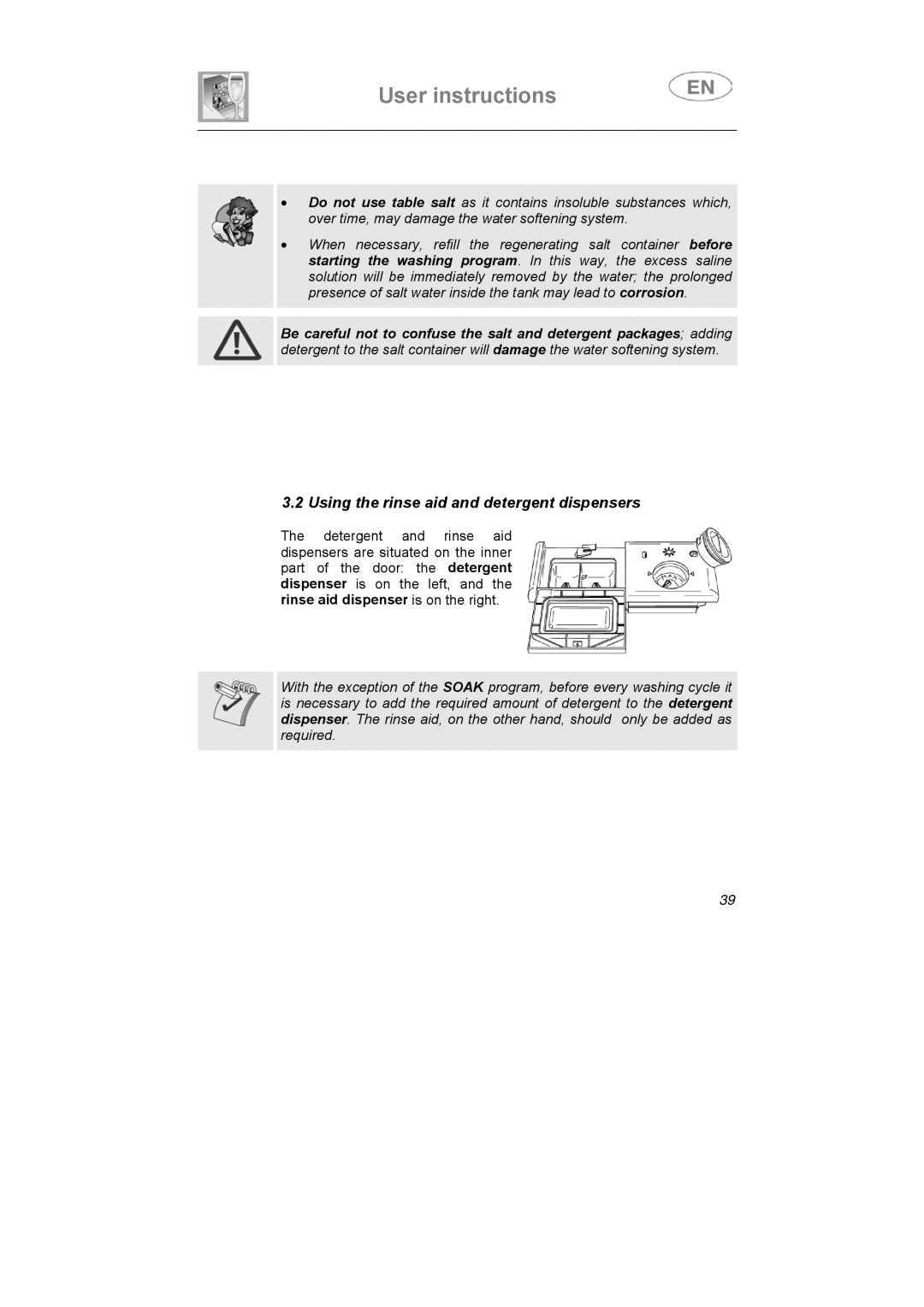 Smeg LSA6051B instruction manual Using the rinse aid and detergent dispensers 