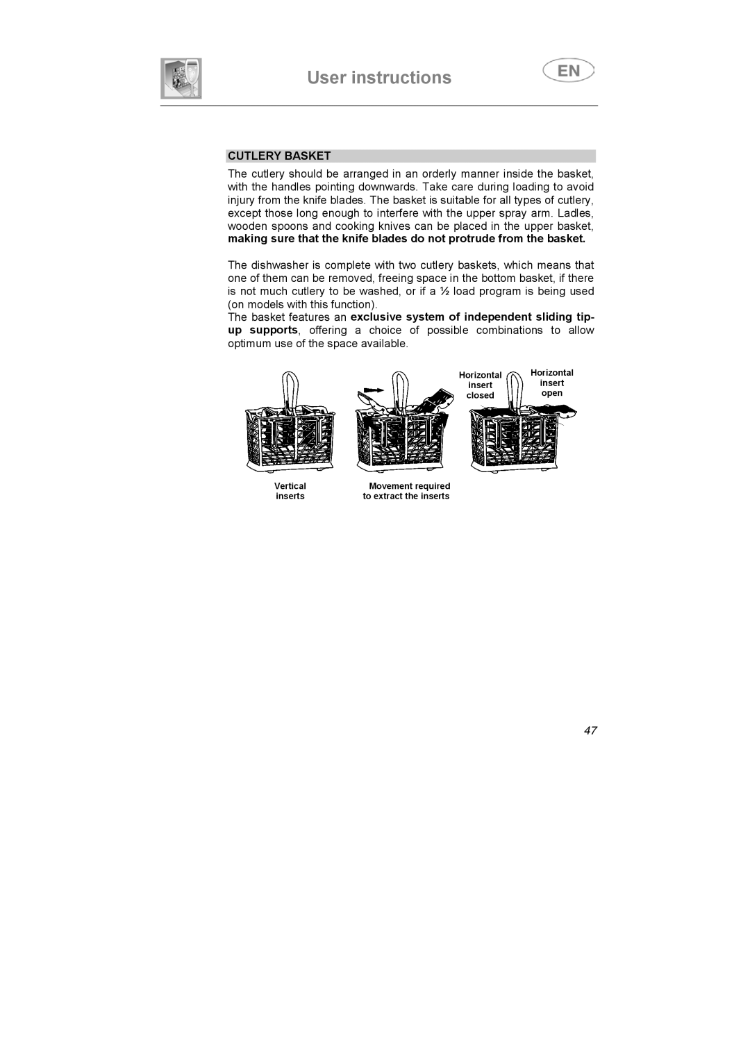 Smeg LSA6051B instruction manual Cutlery Basket 