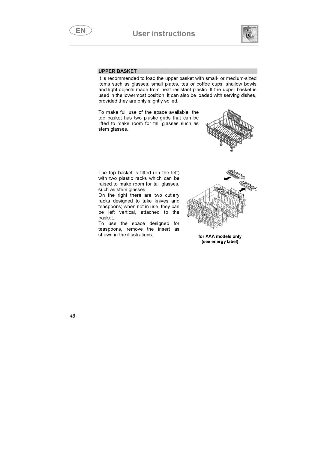 Smeg LSA6051B instruction manual Upper Basket 