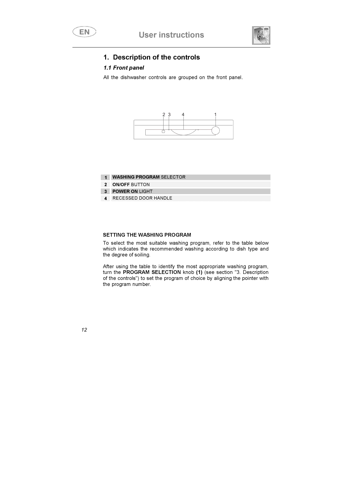 Smeg LSA6051B instruction manual Description of the controls, Front panel, Setting the Washing Program 