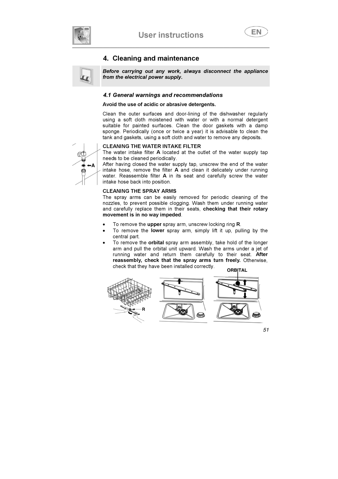 Smeg LSA6051B instruction manual Cleaning and maintenance, Cleaning the Water Intake Filter, Cleaning the Spray Arms 