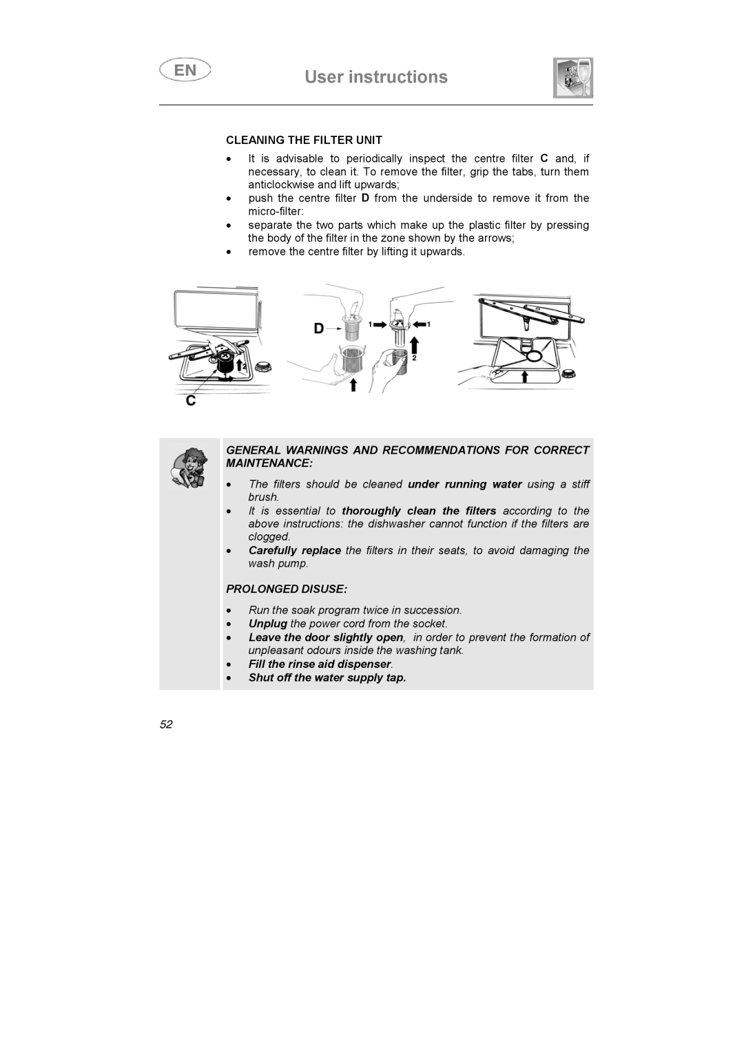 Smeg LSA6051B instruction manual Cleaning the Filter Unit, Fill the rinse aid dispenser Shut off the water supply tap 