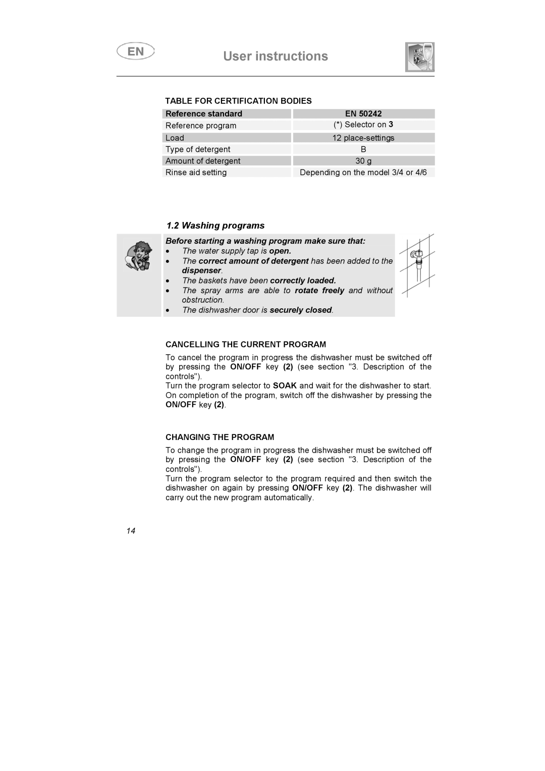 Smeg LSA6051B instruction manual Washing programs, Before starting a washing program make sure that 