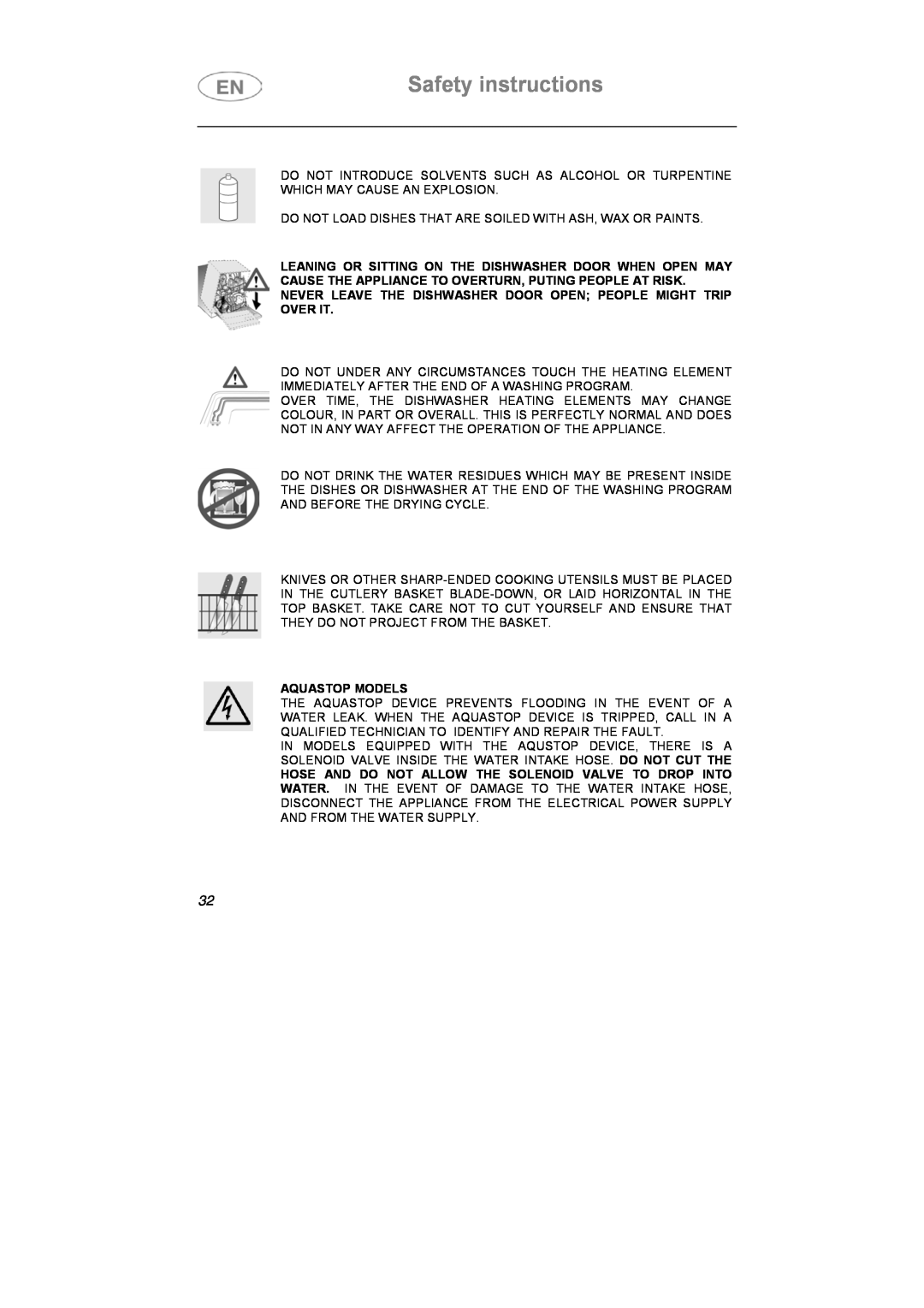 Smeg LSA6051B instruction manual Safety instructions, Aquastop Models 