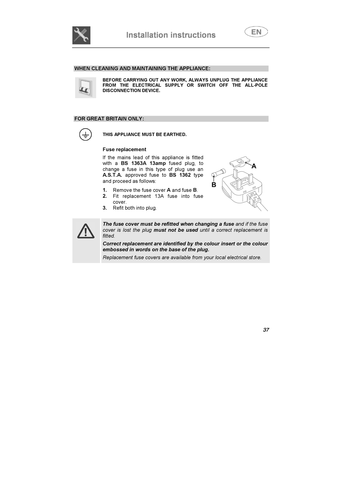 Smeg LSA6051B instruction manual When Cleaning And Maintaining The Appliance, For Great Britain Only, Fuse replacement 