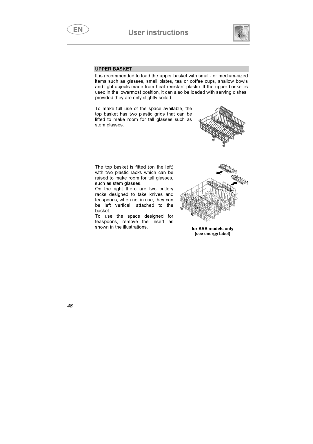 Smeg LSA6051B instruction manual Upper Basket, User instructions 