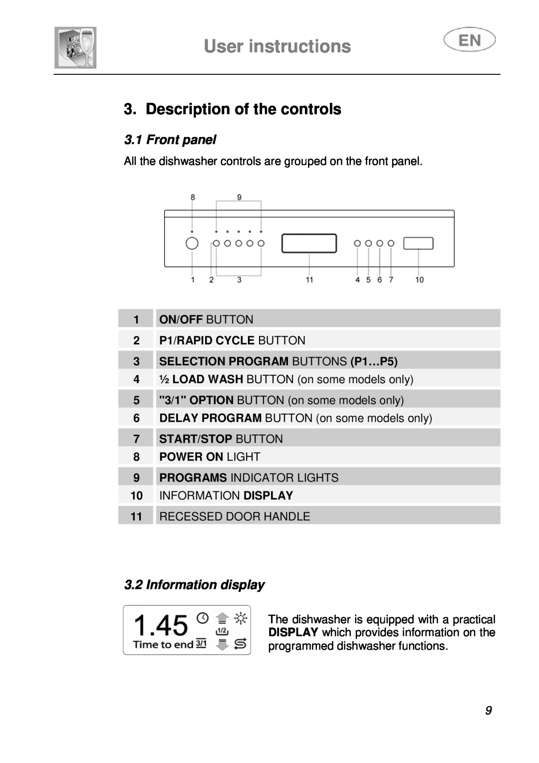 Smeg LSA643XPQ instruction manual User instructions, Description of the controls, Front panel, Information display 