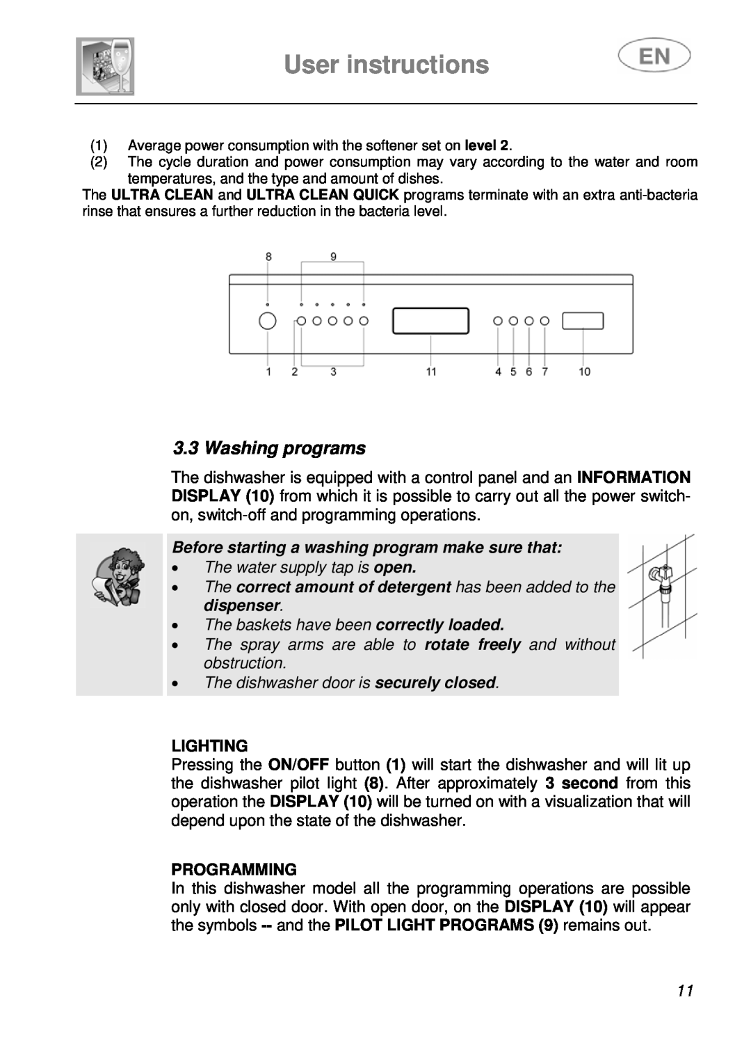 Smeg LSA643XPQ User instructions, Washing programs, Before starting a washing program make sure that, Lighting 