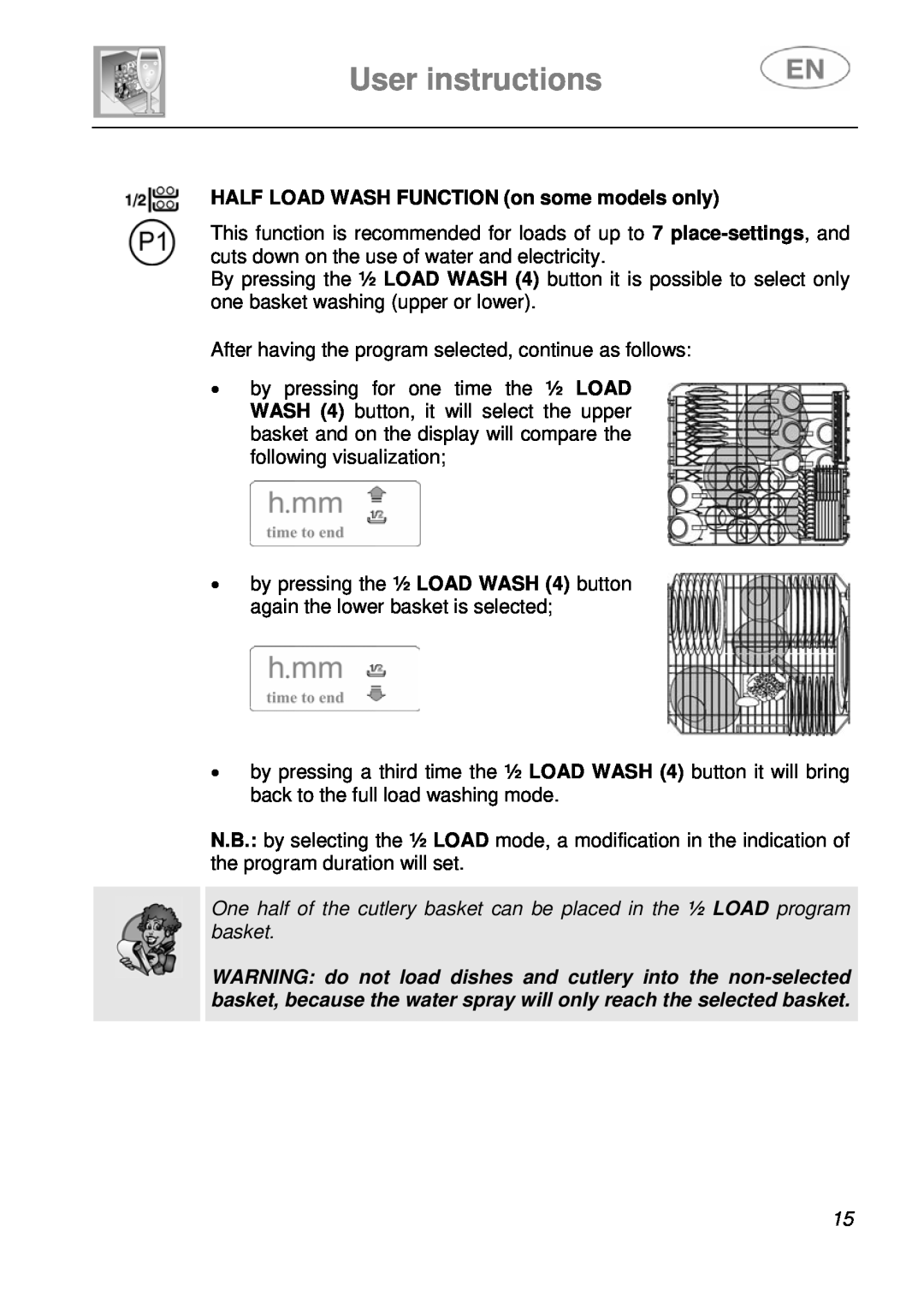 Smeg LSA643XPQ instruction manual User instructions, HALF LOAD WASH FUNCTION on some models only 