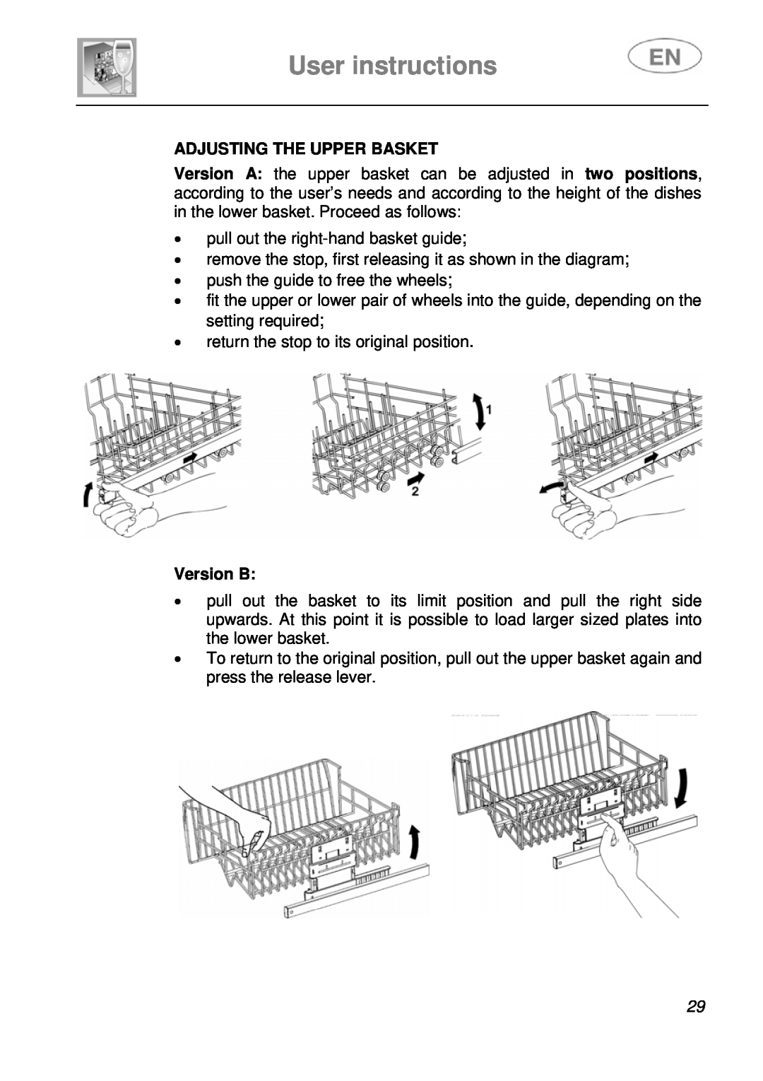 Smeg LSA643XPQ instruction manual User instructions, Adjusting The Upper Basket, Version B 