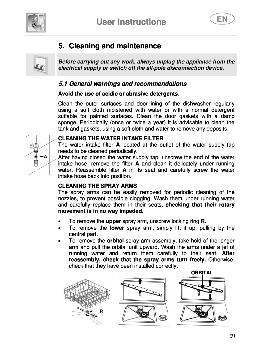 Smeg LSA643XPQ Cleaning and maintenance, User instructions, General warnings and recommendations, Cleaning The Spray Arms 