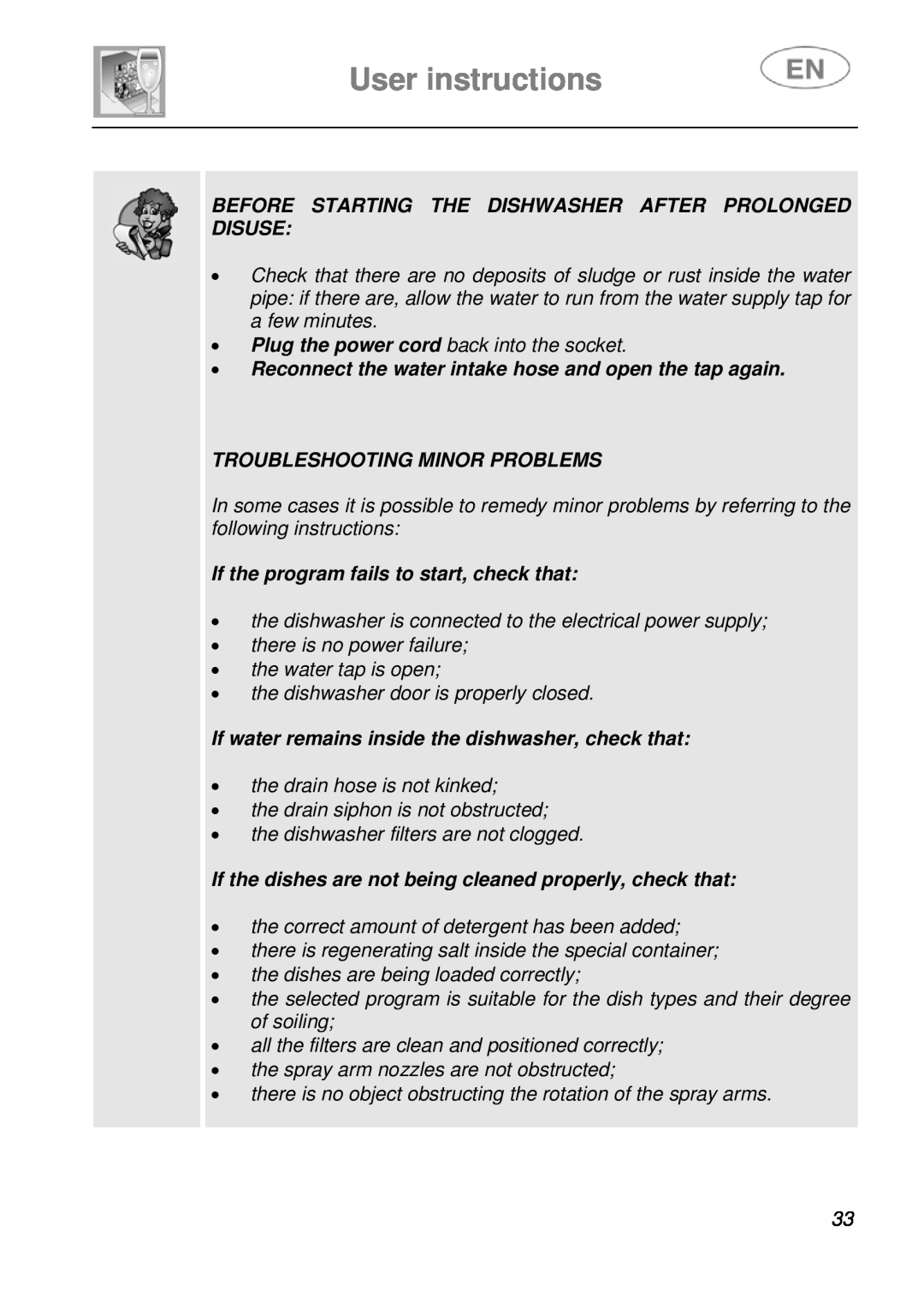 Smeg LSA643XPQ User instructions, Before Starting The Dishwasher After Prolonged Disuse, Troubleshooting Minor Problems 