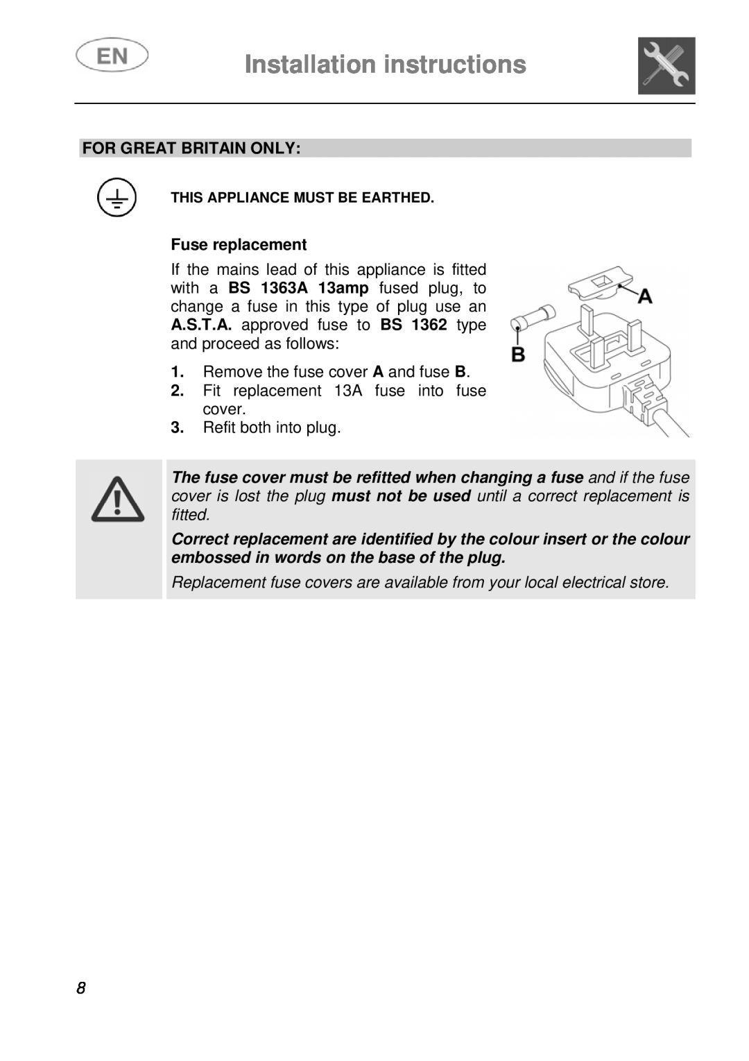 Smeg LSA643XPQ instruction manual Installation instructions, For Great Britain Only, Fuse replacement 