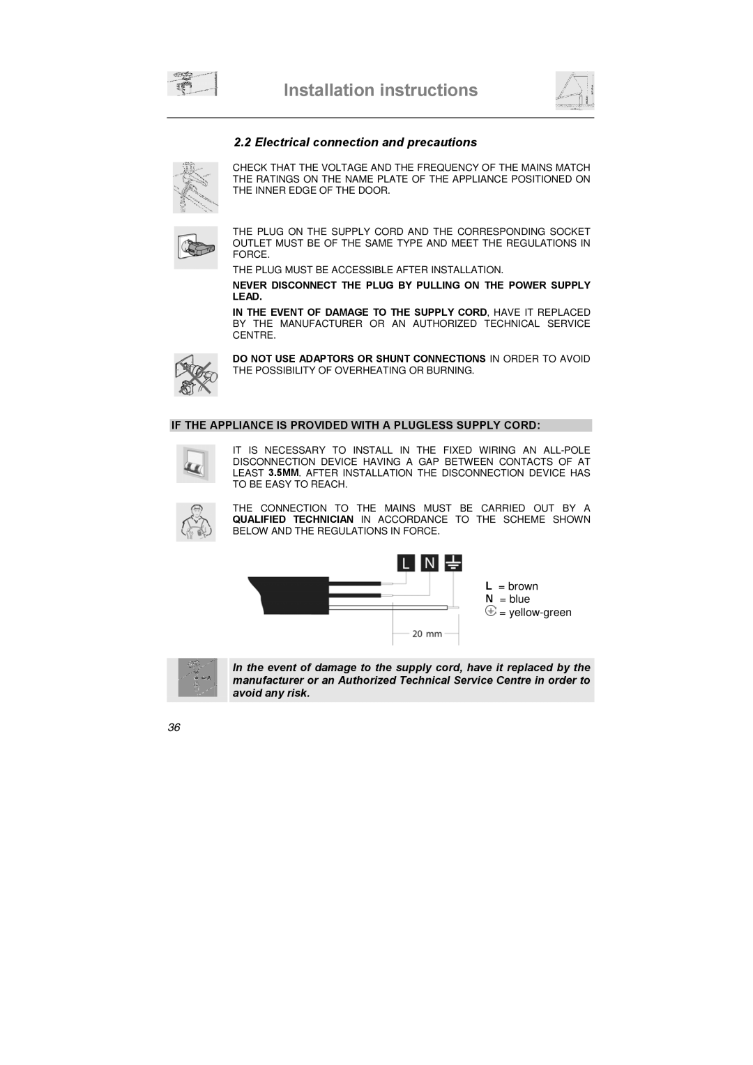 Smeg LSA653E Electrical connection and precautions, If the Appliance is Provided with a Plugless Supply Cord 