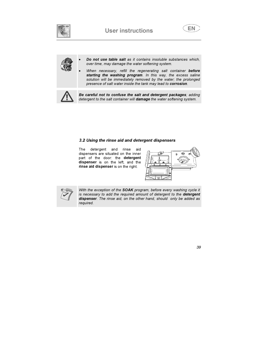 Smeg LSA653E instruction manual Using the rinse aid and detergent dispensers 