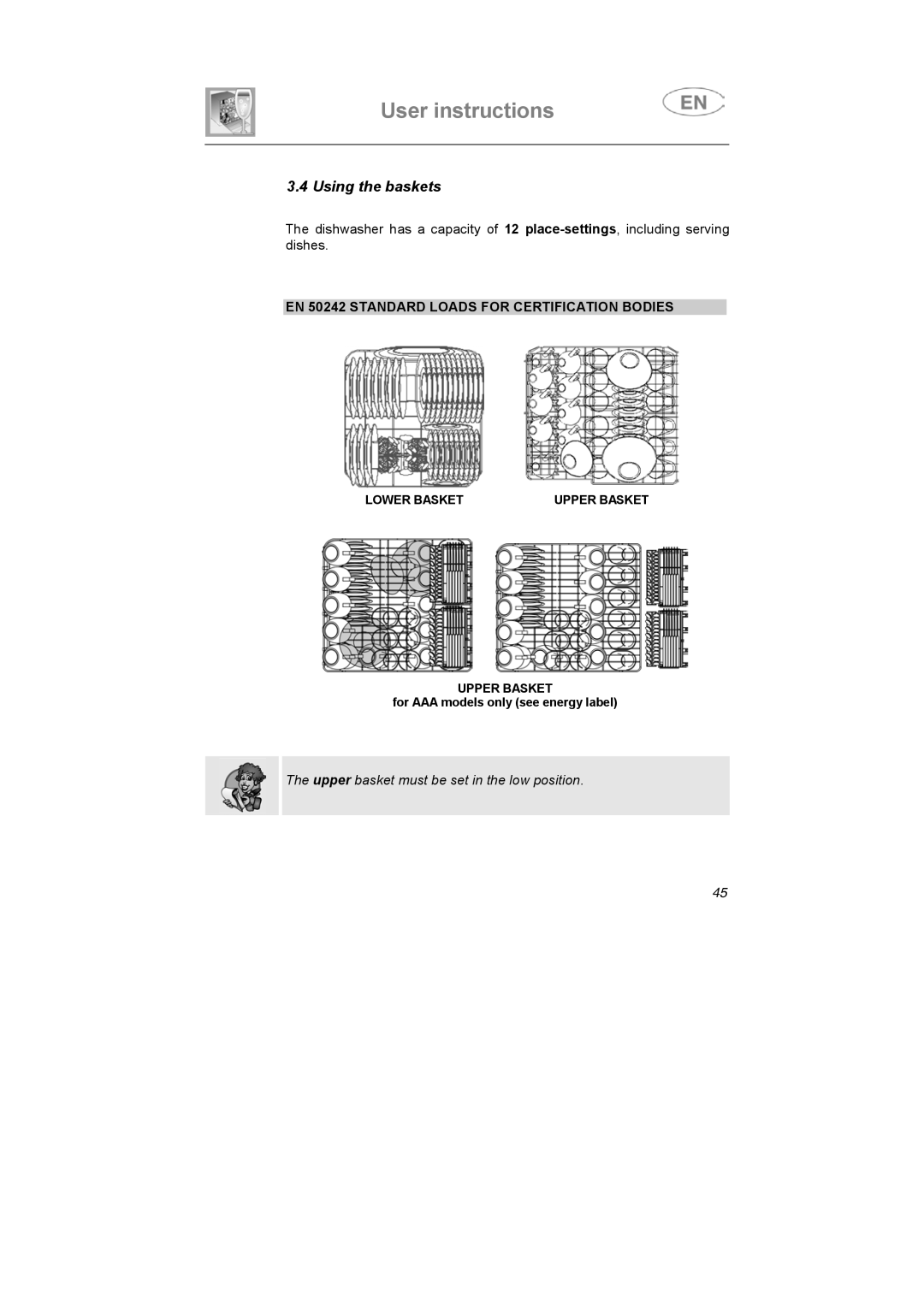 Smeg LSA653E instruction manual Using the baskets, EN 50242 Standard Loads for Certification Bodies 