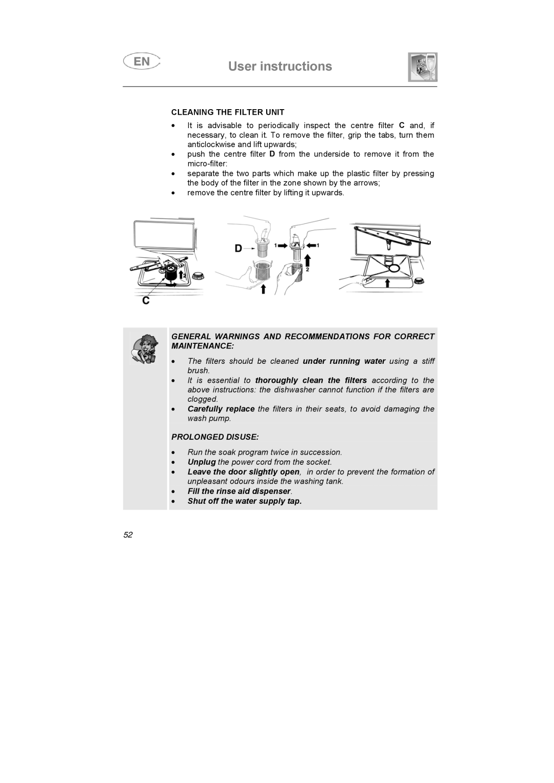 Smeg LSA653E instruction manual Cleaning the Filter Unit, Prolonged Disuse 