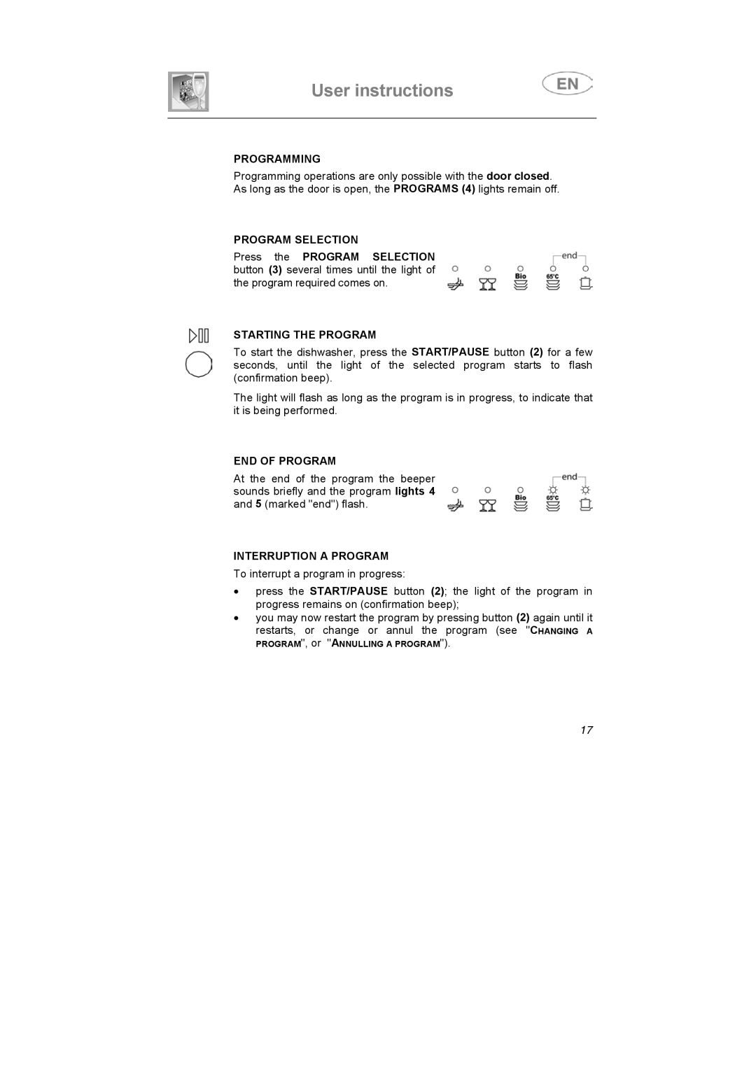 Smeg LSA653E Programming, Program Selection, Starting the Program, END of Program, Interruption a Program 