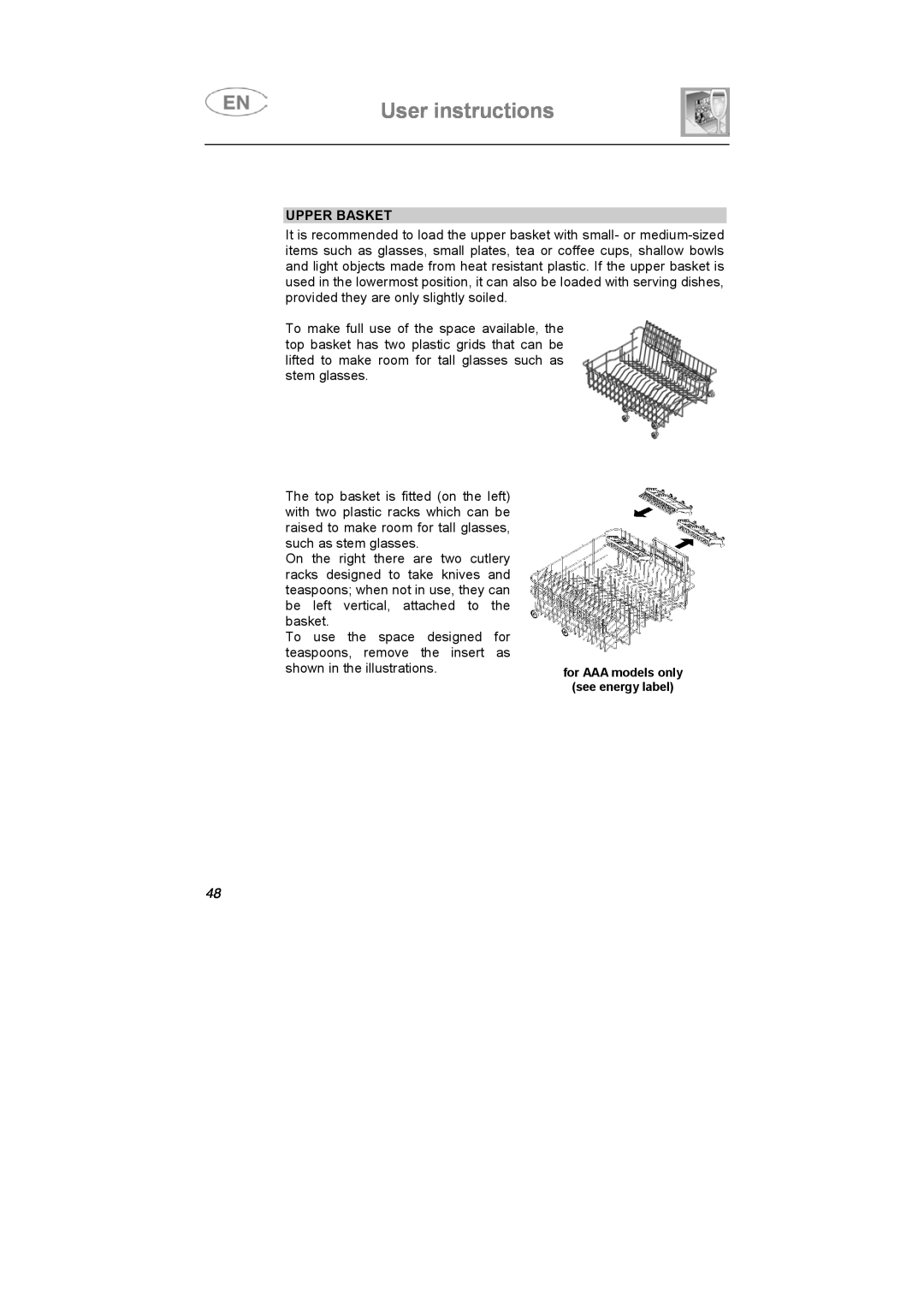 Smeg LSA653E instruction manual User instructions, Upper Basket 