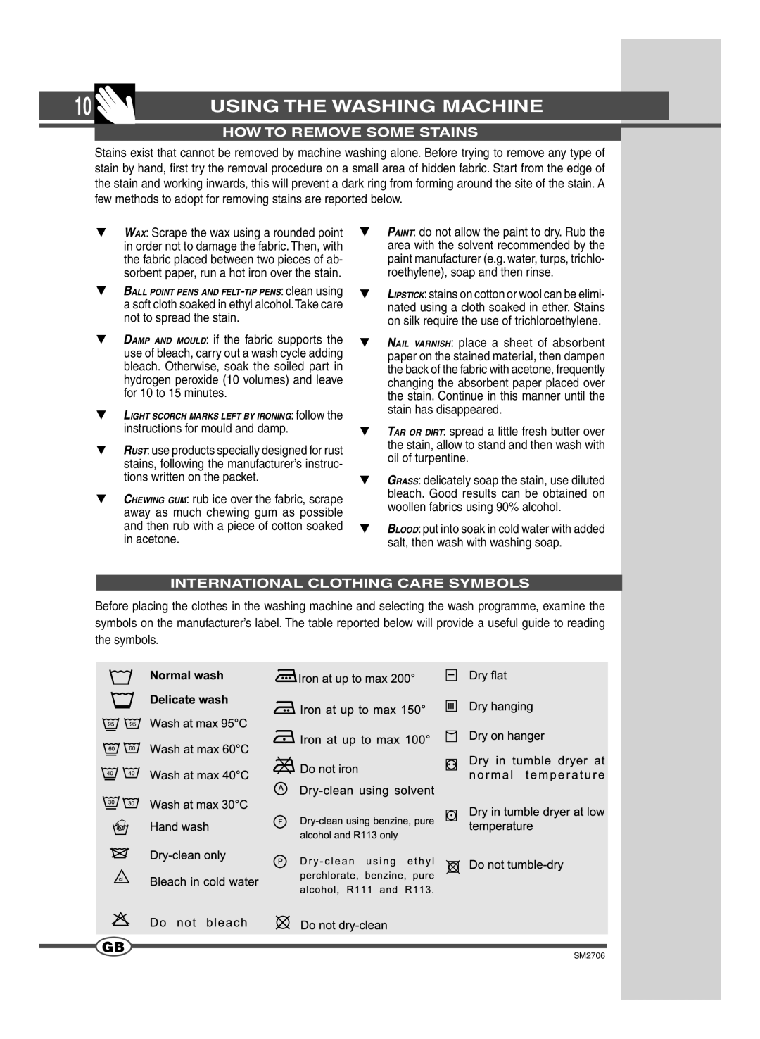 Smeg LSE 146 manual HOW to Remove Some Stains, Instructions for mould and damp, International Clothing Care Symbols 