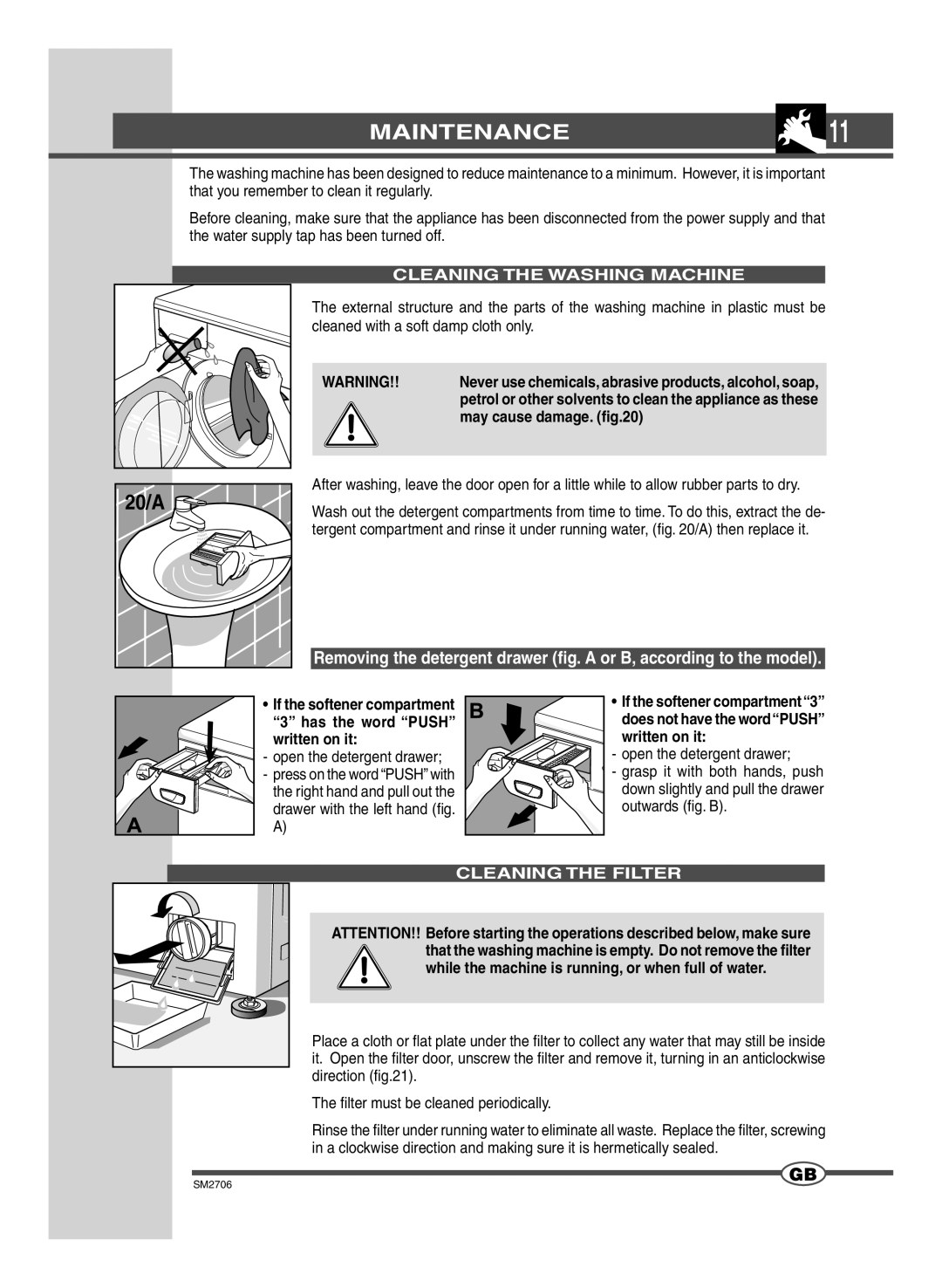 Smeg LSE 146 manual Maintenance, Cleaning the Washing Machine, May cause damage. ﬁg.20, Written on it, Cleaning the Filter 