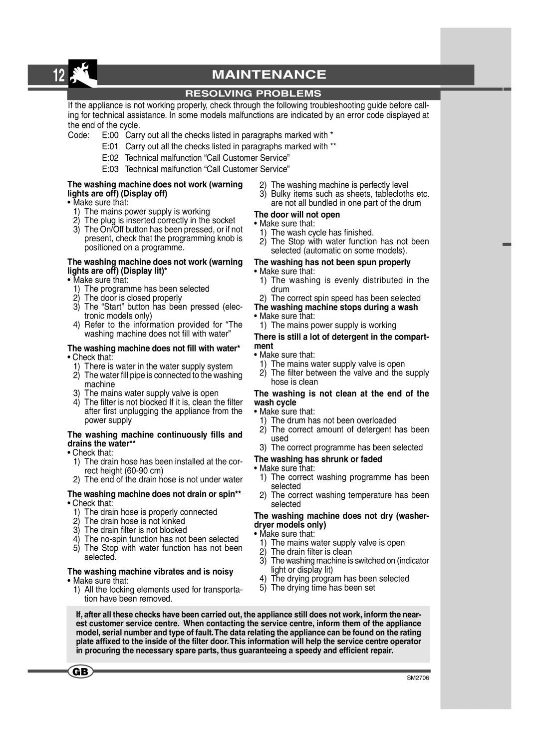 Smeg LSE 146 manual Resolving Problems 