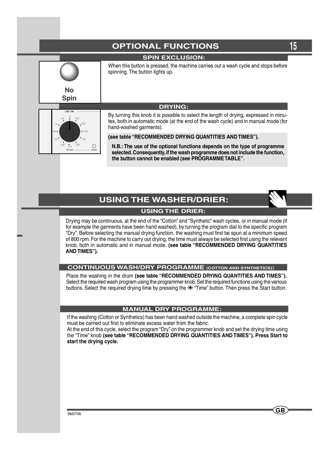 Smeg LSE 146 manual Using the WASHER/DRIER 