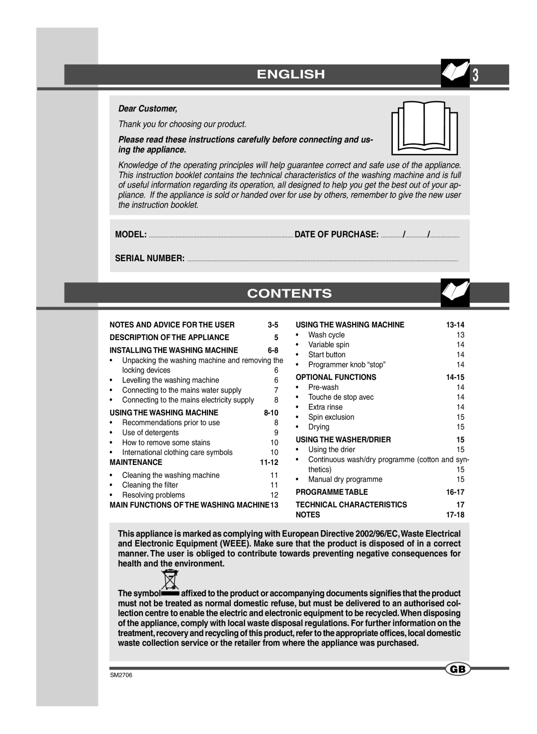 Smeg LSE 146 manual English, Contents 