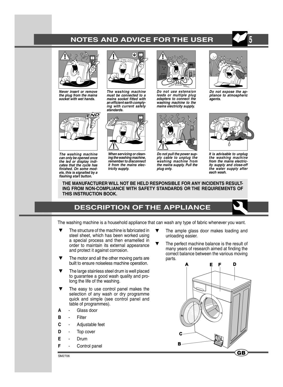 Smeg LSE 146 manual Description of the Appliance, Do not expose the ap- pliance to atmospheric agents 