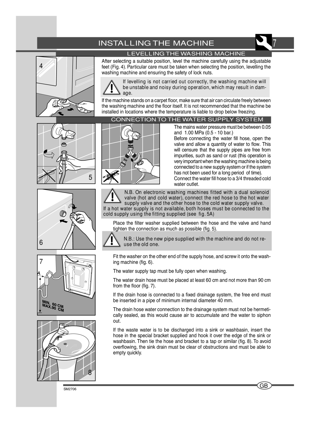 Smeg LSE 146 manual Levelling the Washing Machine, Connection to the Water Supply System, MPa 0.5 10 bar, Water outlet 