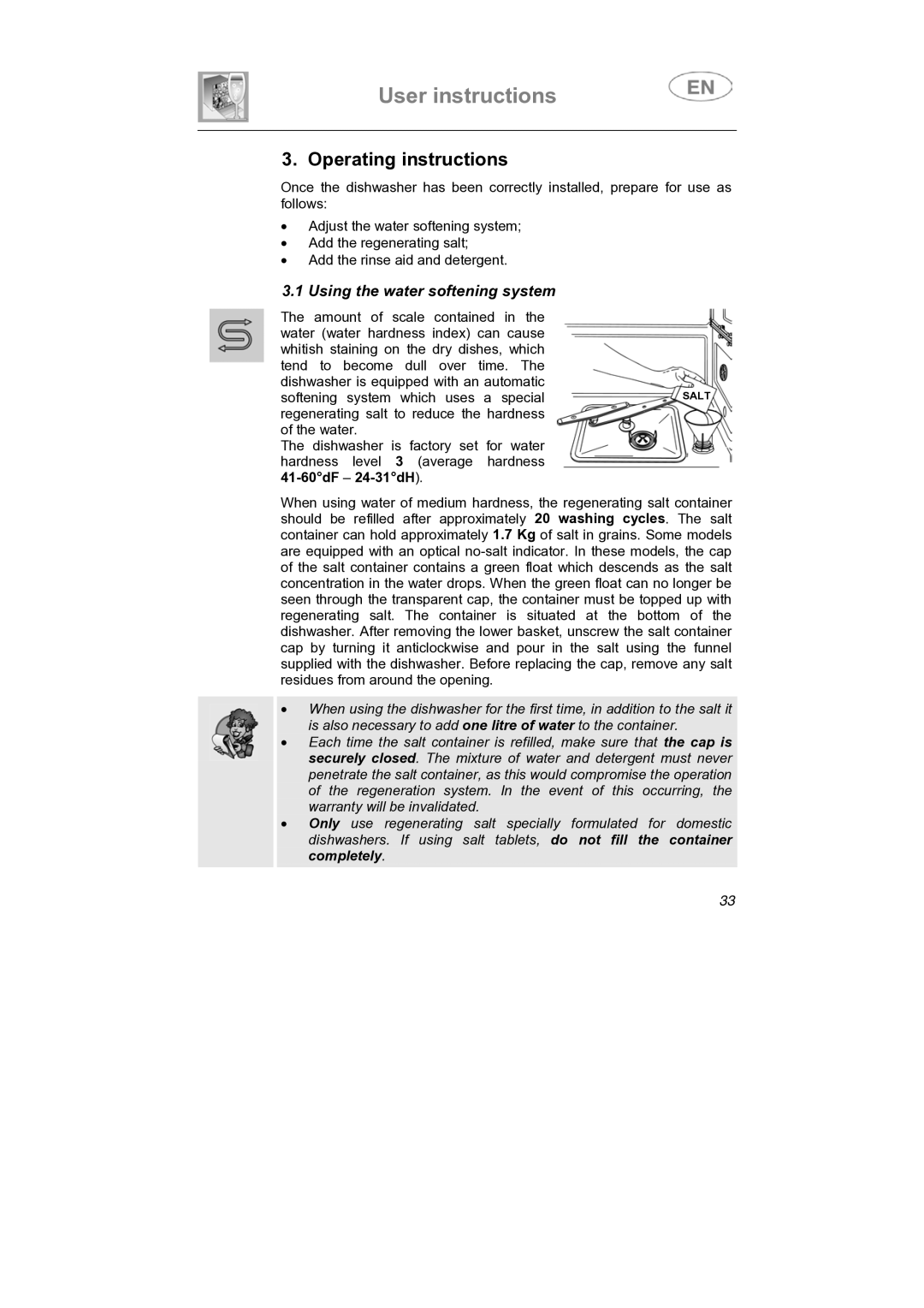 Smeg LSP1453N, LSP1453X1, LSP1453B manual Operating instructions, Using the water softening system 