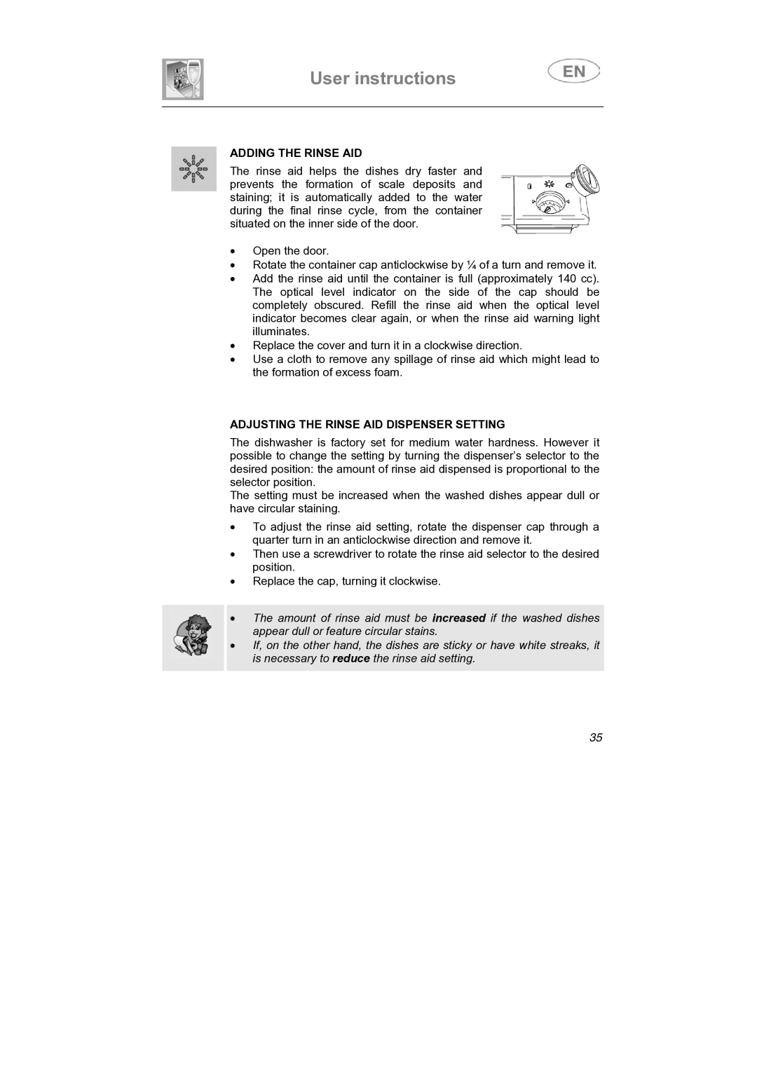 Smeg LSP1453X1, LSP1453B, LSP1453N manual Adding the Rinse AID, Adjusting the Rinse AID Dispenser Setting 