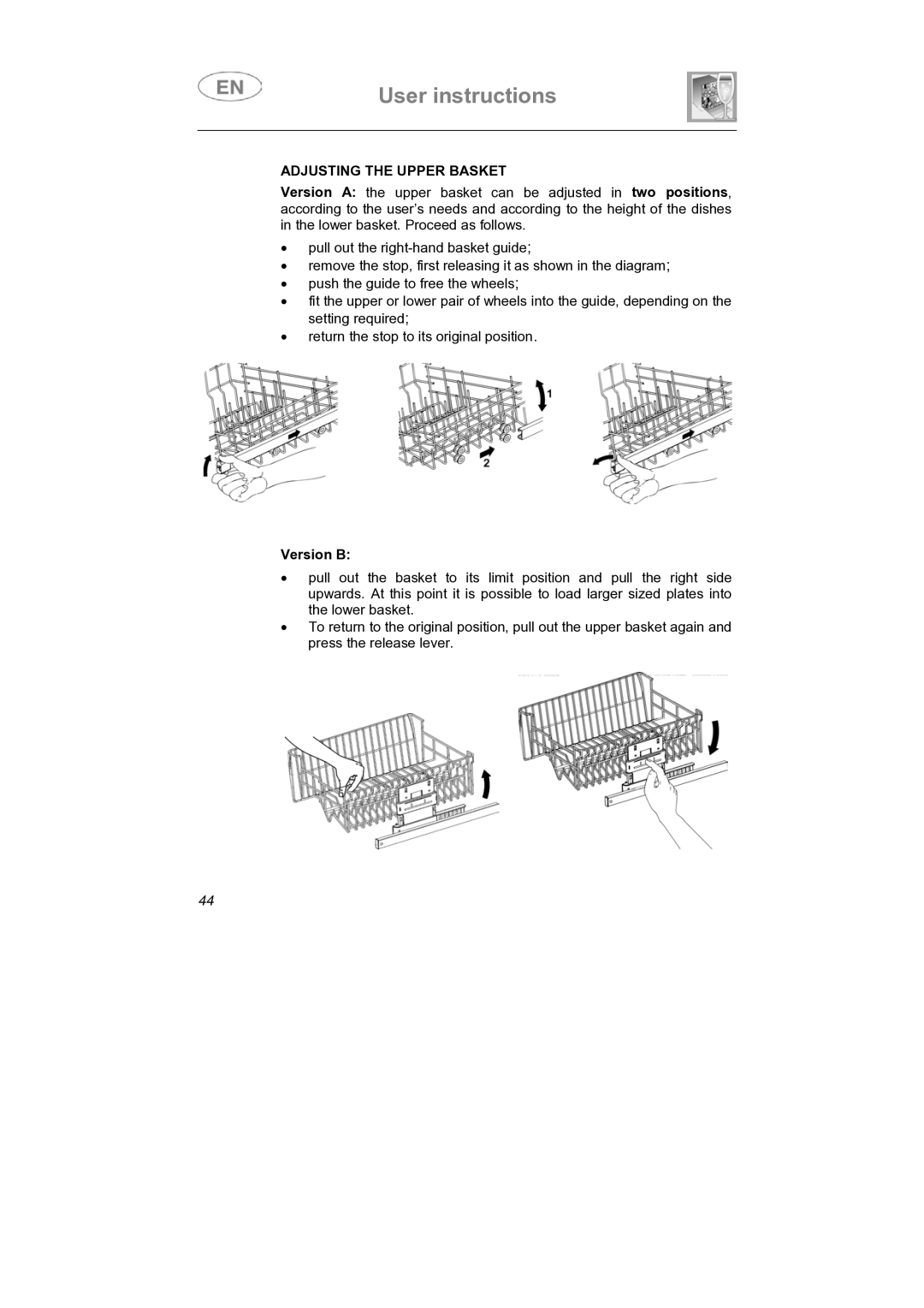 Smeg LSP1453B, LSP1453X1, LSP1453N manual Adjusting the Upper Basket, Version B 