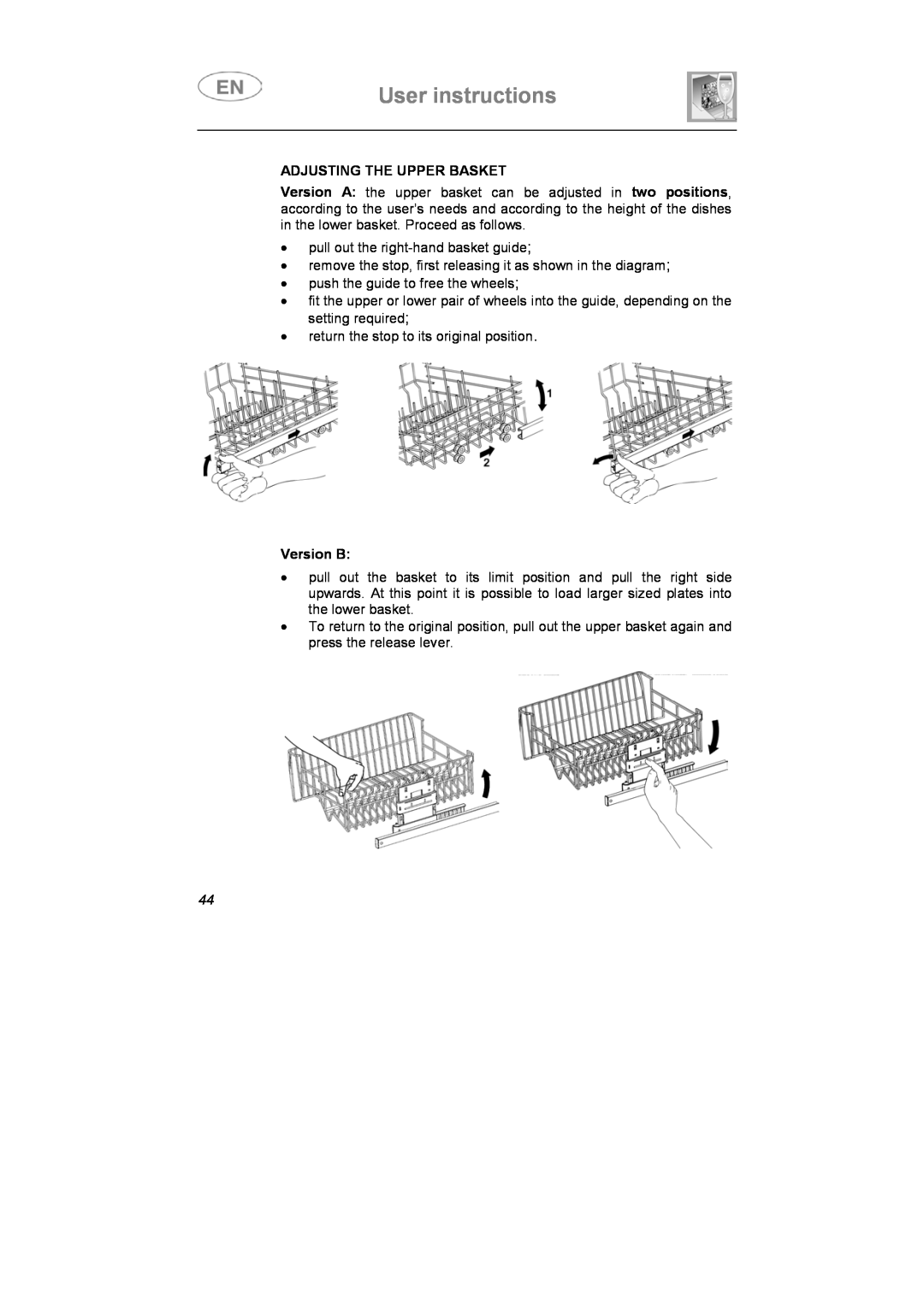 Smeg LSP1453B, LSP1453X1, LSP1453N manual User instructions, Adjusting The Upper Basket, Version B 