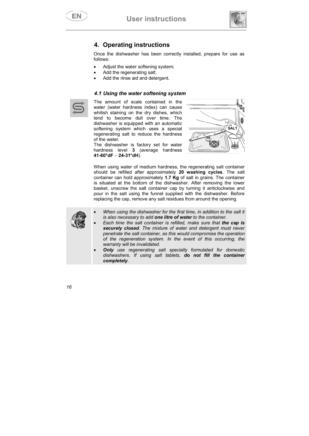 Smeg LSPX1253 manual Operating instructions, Using the water softening system 