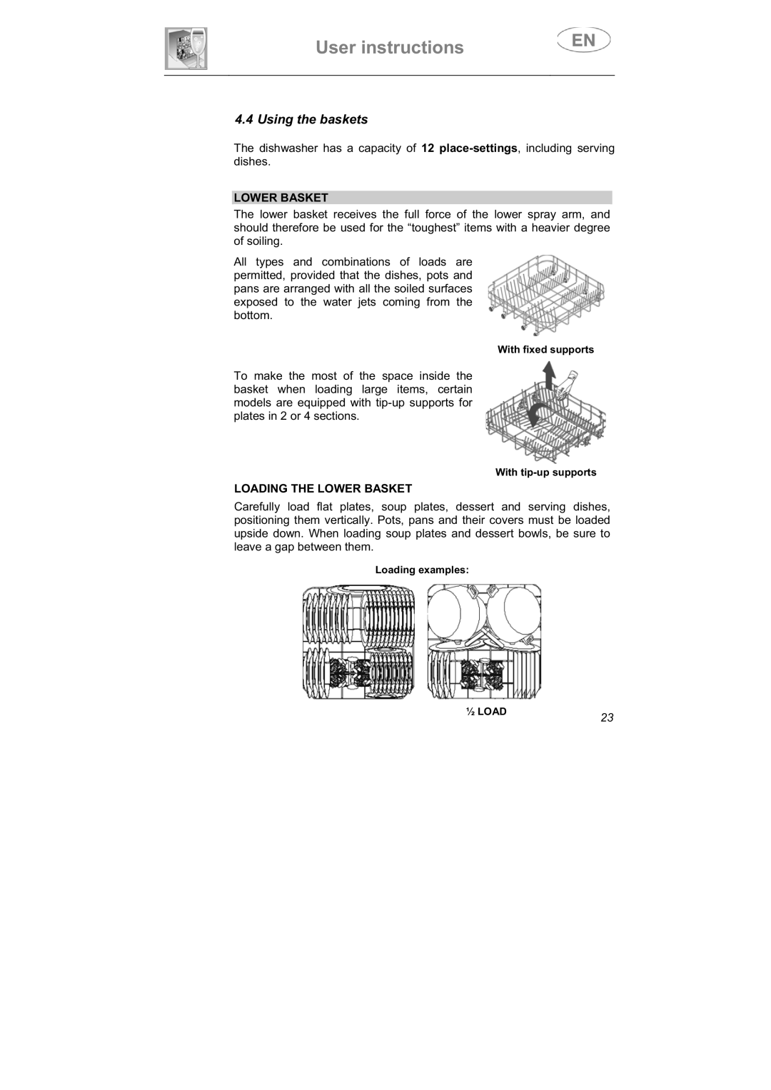 Smeg LSPX1253 manual Using the baskets, Loading the Lower Basket 