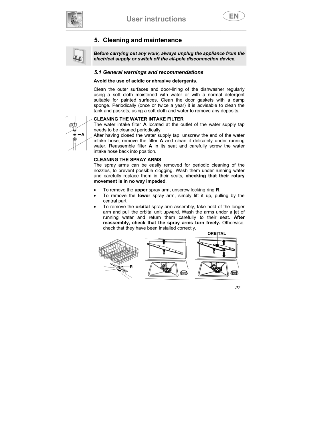 Smeg LSPX1253 Cleaning and maintenance, Avoid the use of acidic or abrasive detergents, Cleaning the Water Intake Filter 