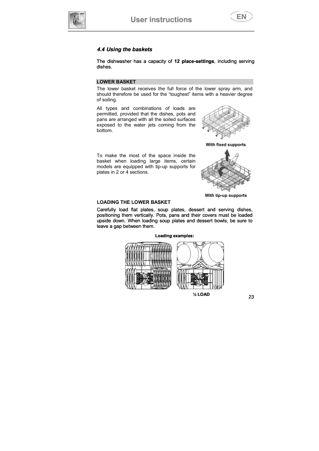 Smeg LSPX1253 manual User instructions, Using the baskets, Loading The Lower Basket 