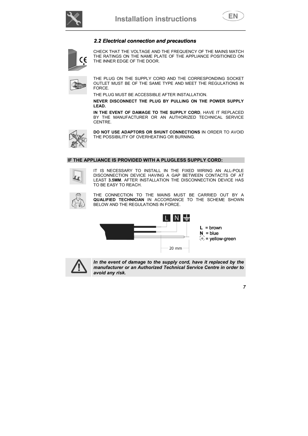 Smeg LSPX1253 manual Installation instructions, Electrical connection and precautions 