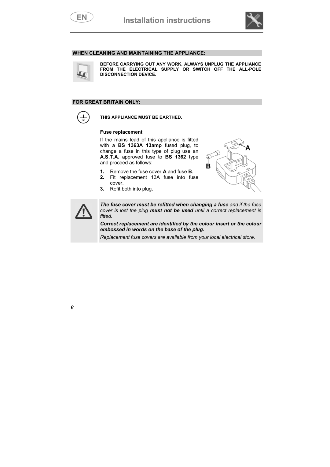 Smeg LSPX1253 manual Installation instructions, When Cleaning And Maintaining The Appliance, For Great Britain Only 