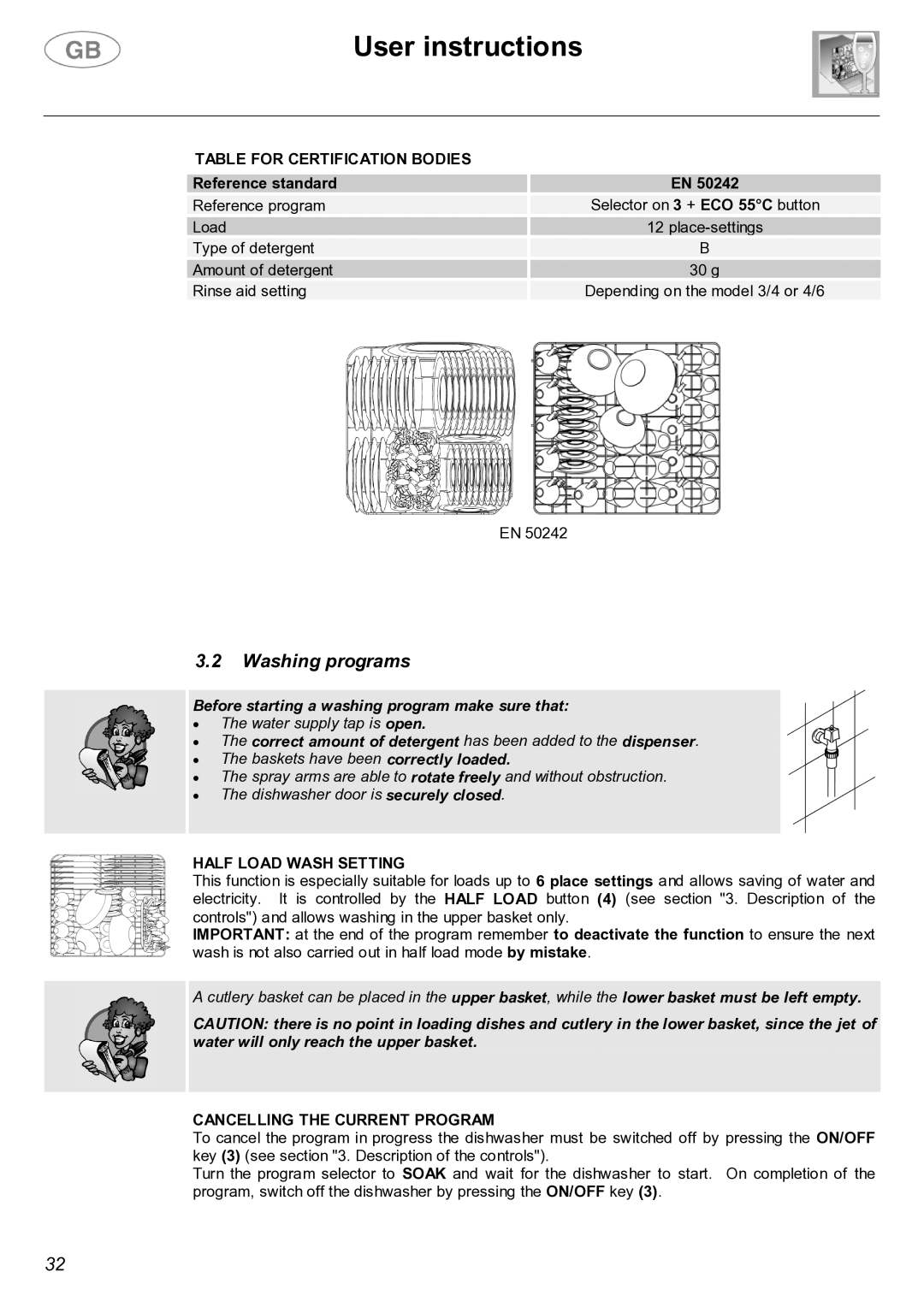 Smeg LVF32G Washing programs, Table for Certification Bodies, Half Load Wash Setting, Cancelling the Current Program 