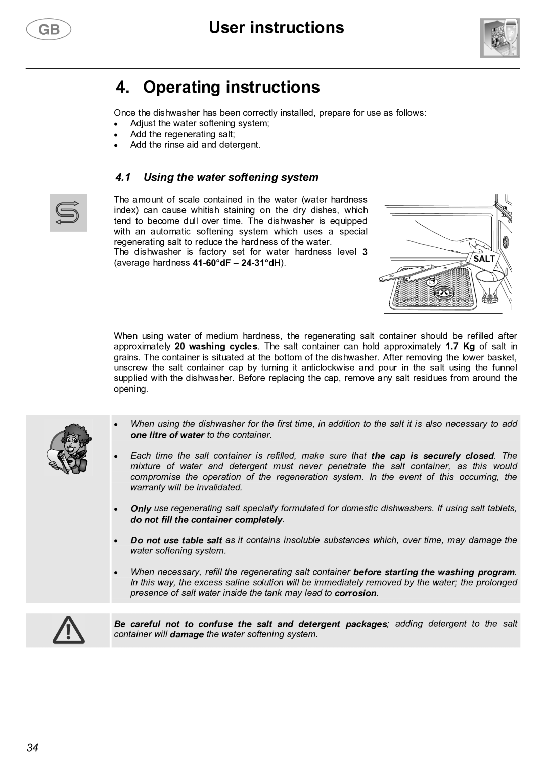 Smeg LVF32G instruction manual User instructions Operating instructions, Using the water softening system 