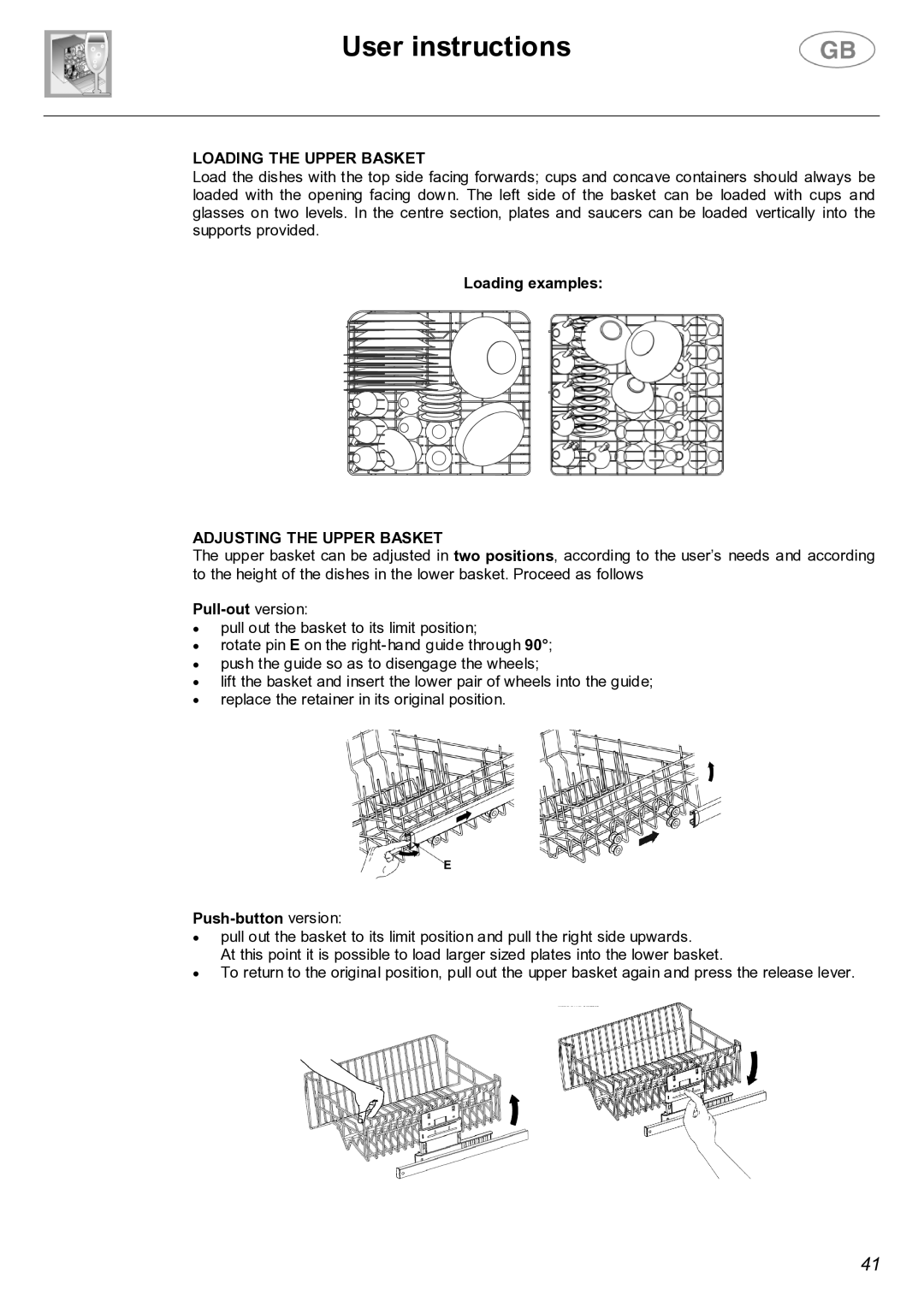 Smeg LVF32G instruction manual Loading the Upper Basket, Adjusting the Upper Basket 