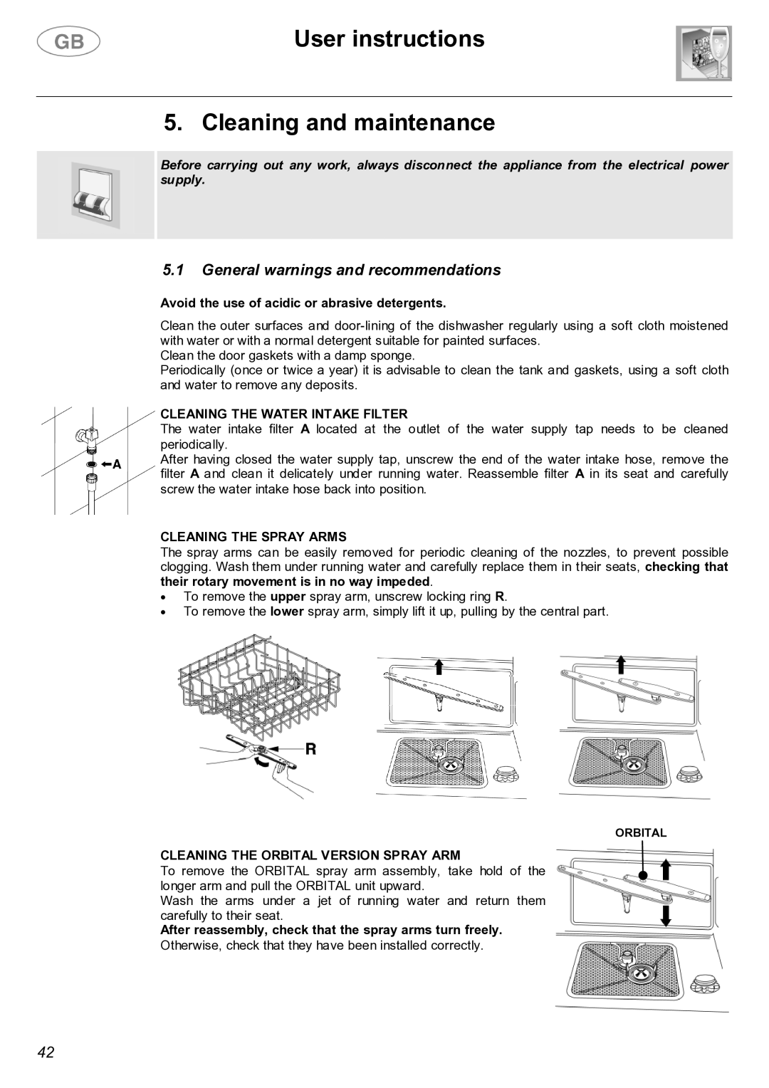 Smeg LVF32G User instructions Cleaning and maintenance, Cleaning the Water Intake Filter, Cleaning the Spray Arms 