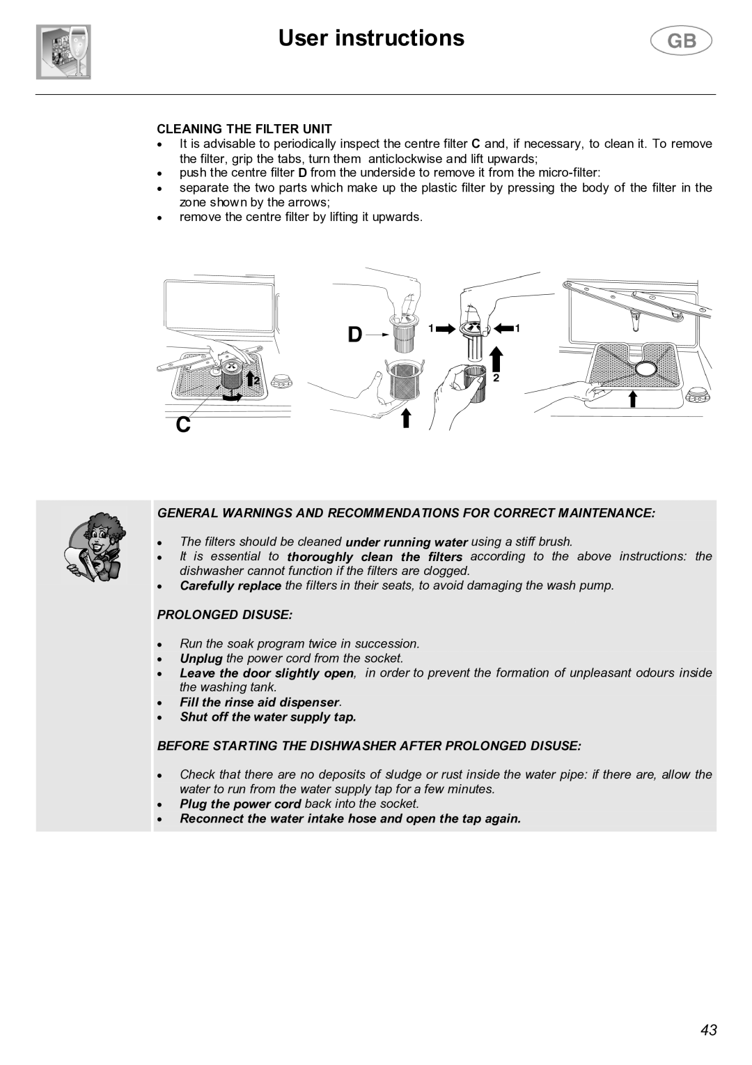 Smeg LVF32G instruction manual Cleaning the Filter Unit, Prolonged Disuse 