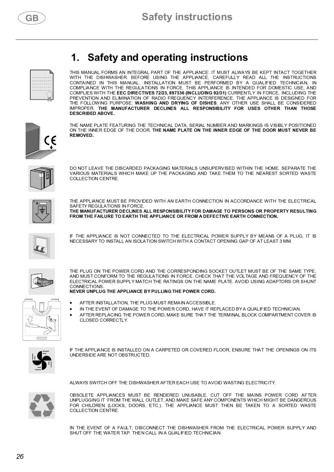 Smeg LVF32G instruction manual Safety instructions, Safety and operating instructions 