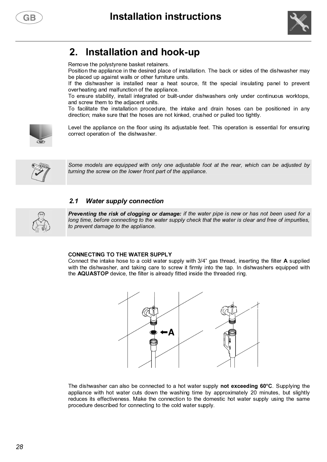 Smeg LVF32G Installation instructions Installation and hook-up, Water supply connection, Connecting to the Water Supply 